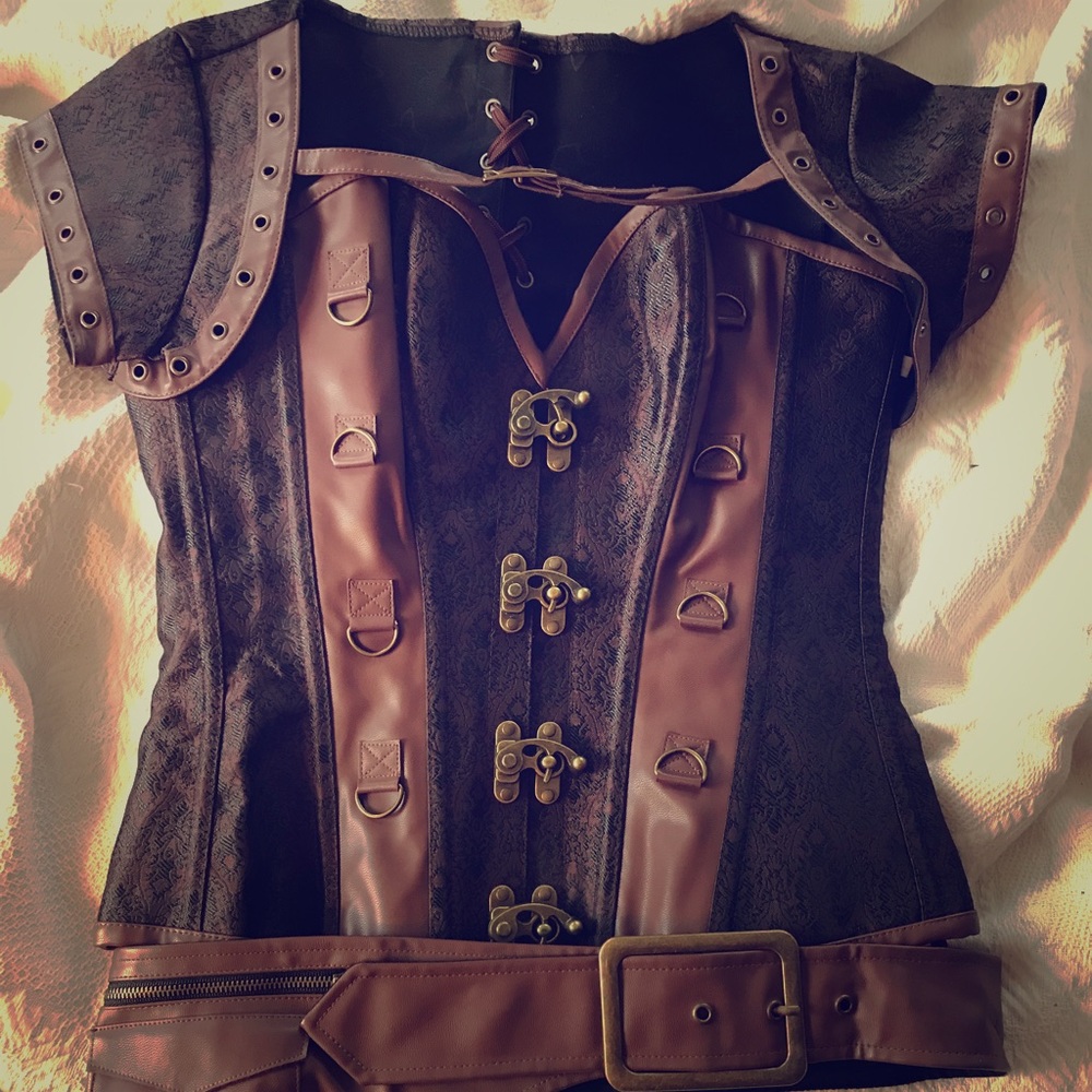 Steam punk corset with shoulder topper and belt